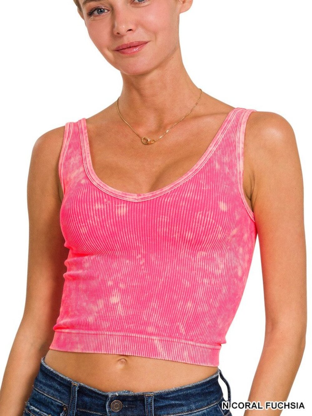 Zenana Fuschia 2 Way Neckline Washed Ribbed Seamless Tank Top